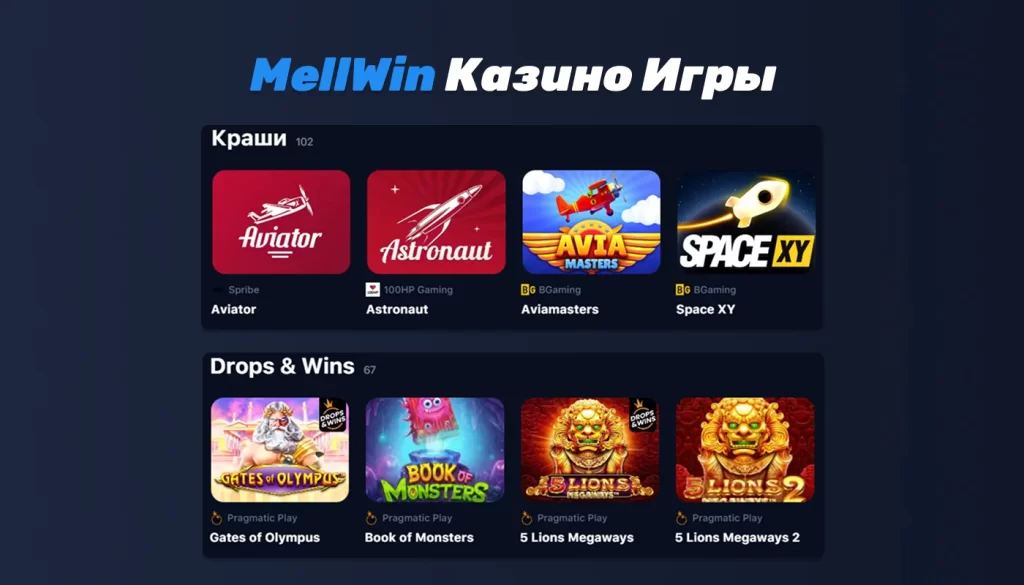 Разделы игр на Официальном сайте Mellwin